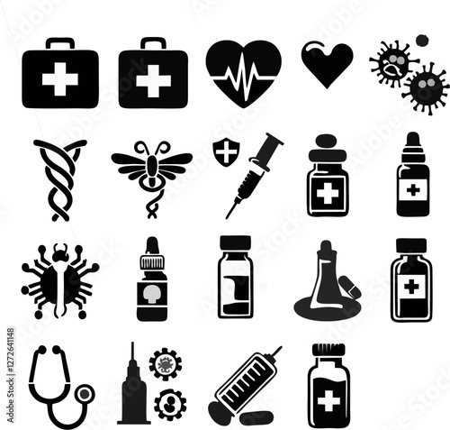 HIV Virus Organism, Medical and Virus Prevention Icons – Monochrome Vector Full Set
