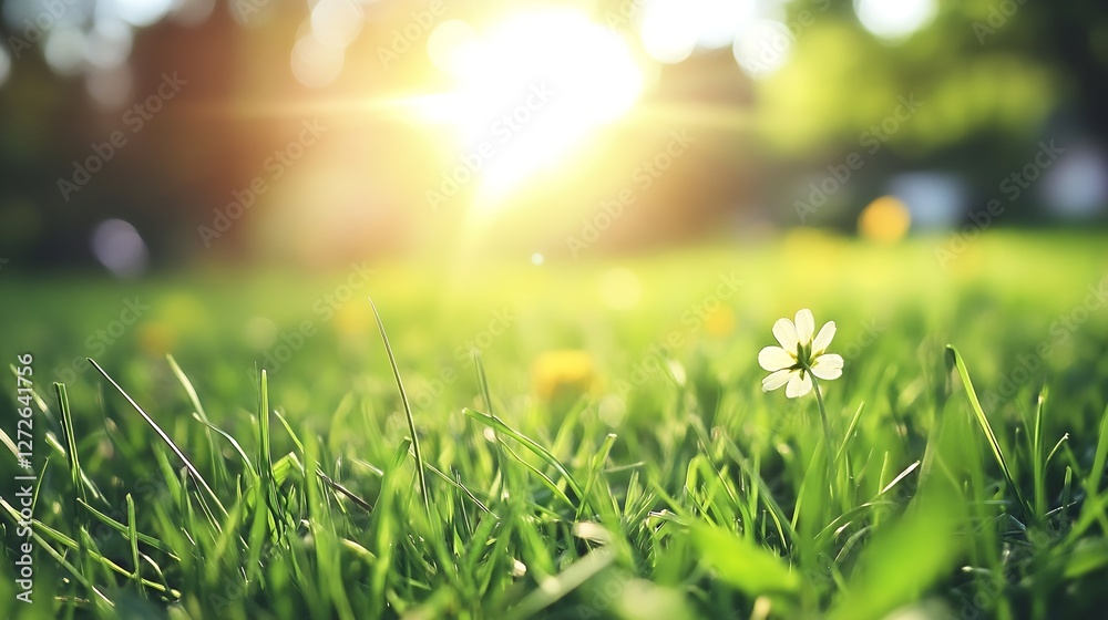 Fototapeta premium Sunlit Meadow with Flower in Blurry Focus Under Sparkling Sunshine : Generative AI