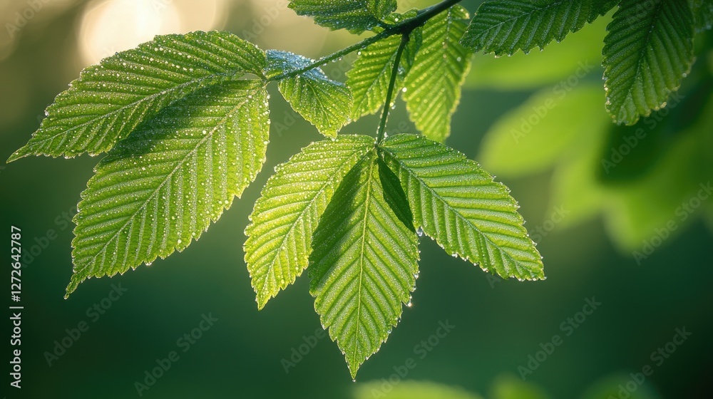 Close-Up of Dewy Green Leaves in Sunlight - Nature's Fresh Morning Elegance Close-Up of Dewy Green Leaves in Sunlight - Nature's Fresh Morning Elegance