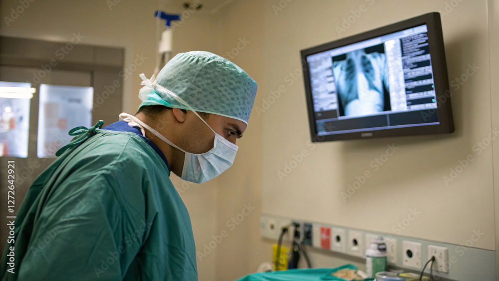 doctors looking at x-rays surgeon in scrubs and mask studies X ray on monitor, focused on patient care. environment is sterile and professional, highlighting medical expertise doctors looking at x-rays surgeon in scrubs and mask studies X ray on monitor, focused on patient care. environment is sterile and professional, highlighting medical expertise