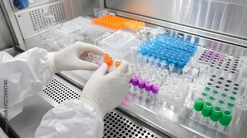 Closeup view of hands wearing sterile gloves carefully handling PCR tubes inside a biosafety cabinet representing the precise and controlled procedures involved in scientific research