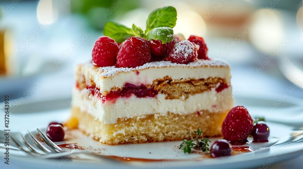 Delicious Layered Cake with Fresh Raspberries and Mint Garnish Perfect for Dessert Lovers : Generative AI Delicious Layered Cake with Fresh Raspberries and Mint Garnish Perfect for Dessert Lovers : Generative AI