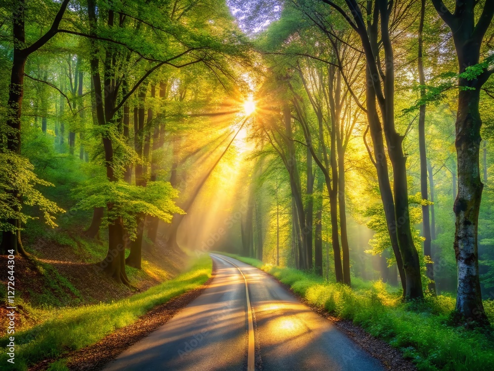 Fototapeta premium Sunlit Spring Forest Road at Dawn - Low Light Photography Stock Image