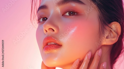 A modern beauty ad featuring an Asian model gently pressing essence into her skin, her complexion luminous and flawless, soft pastel lighting, minimalist composition, dewy finish,