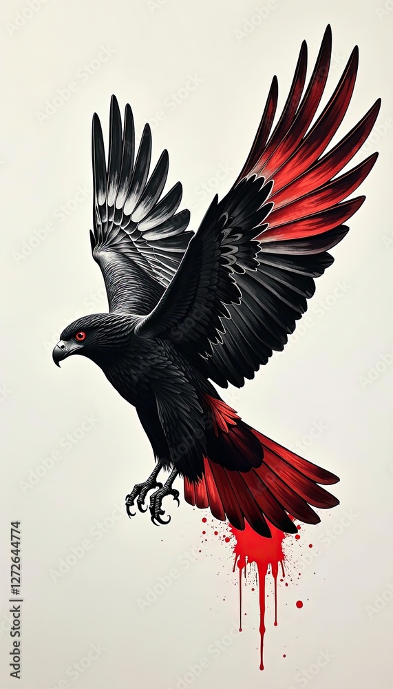 Fototapeta premium Black and Red Eagle Flying with Blood Splatter Illustration