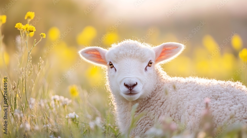 Adorable Young Sheep with White Fleece Grazing in a Flowering Meadow : Generative AI