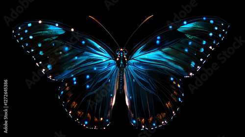 A butterfly with blue lights on it ' s wings. Magical Iridescent Butterflies. Illustration photo