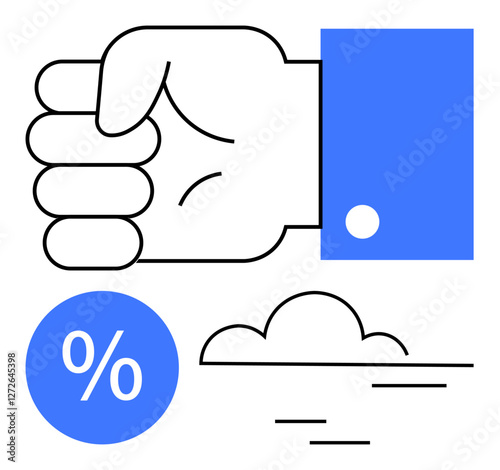 Fist in a blue shirt, percentage symbol, and cloud with lines below. Ideal for business, finance, weather forecasting, determination, focus planning productivity growth. Abstract line flat