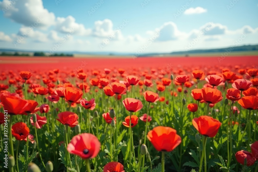 Fototapeta premium A large field of red and pink poppies stretching to the horizon, poppies, blooming flowers