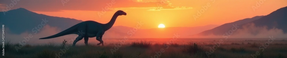 A lone Diplodocus walks through the misty atmosphere at sunset, wildlife, landscape A lone Diplodocus walks through the misty atmosphere at sunset, wildlife, landscape