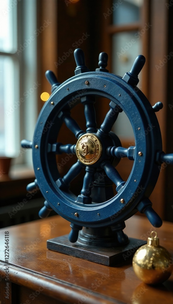 Obraz premium A navy blue ship's wheel decorated with gold Christmas ornaments on a wooden desk, sailboat, ship