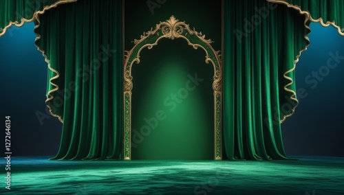 Green golden ceremony award stage venue background.