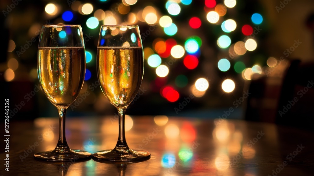 Two Glasses of Sparkling Wine against a Festive Christmas Lights Background Two Glasses of Sparkling Wine against a Festive Christmas Lights Background