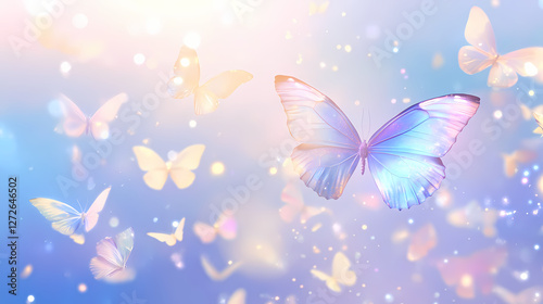 Abstract blur of blue morpho butterflies against a soft sky, bokeh, wallpaper, light. Magical Iridescent Butterflies. Illustration