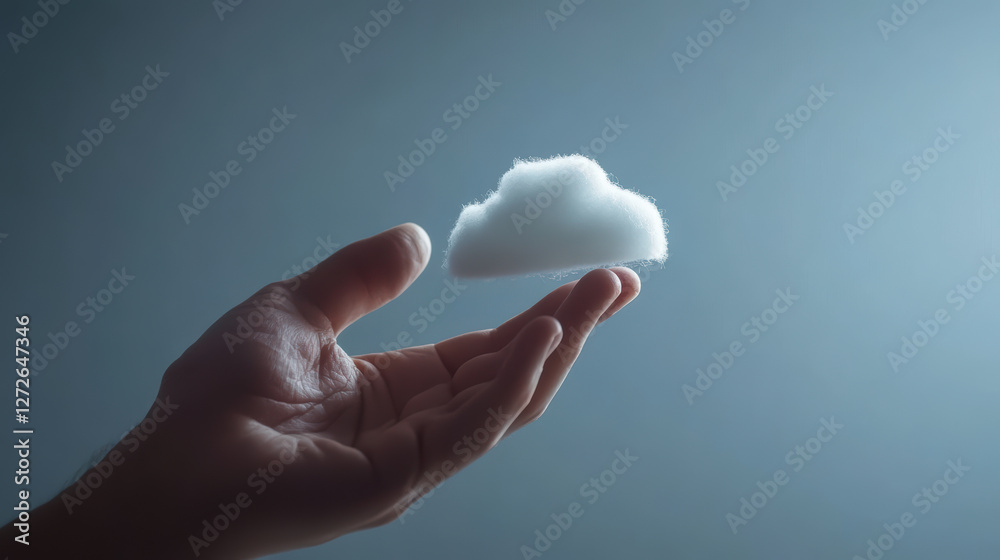 Hand Reaching Towards Fluffy Cloud Suspended in Soft Blue Atmosphere Hand Reaching Towards Fluffy Cloud Suspended in Soft Blue Atmosphere
