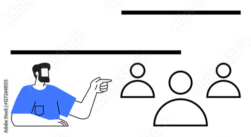 Man gestures towards group of abstract human icons, symbolizing leadership, teamwork, decision-making. Ideal for collaboration, authority, communication, organization, guidance leadership abstract