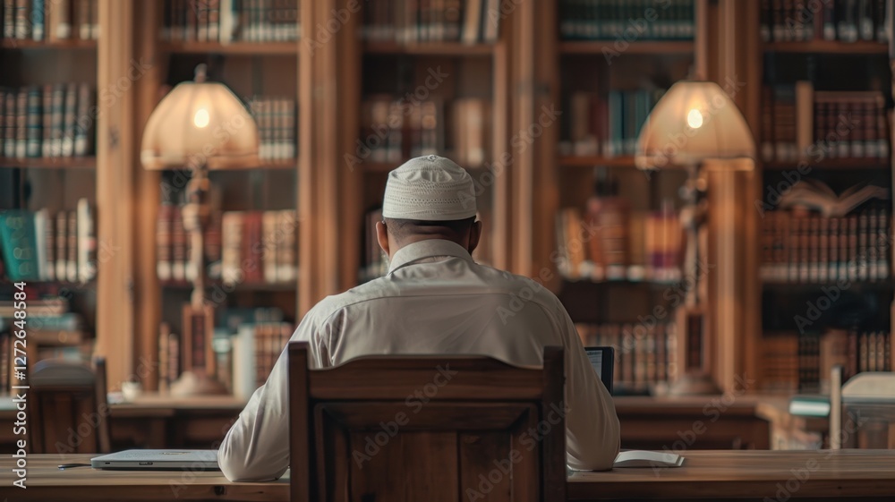 Rear view of a Muslim man reading a book in a library Rear view of a Muslim man reading a book in a library