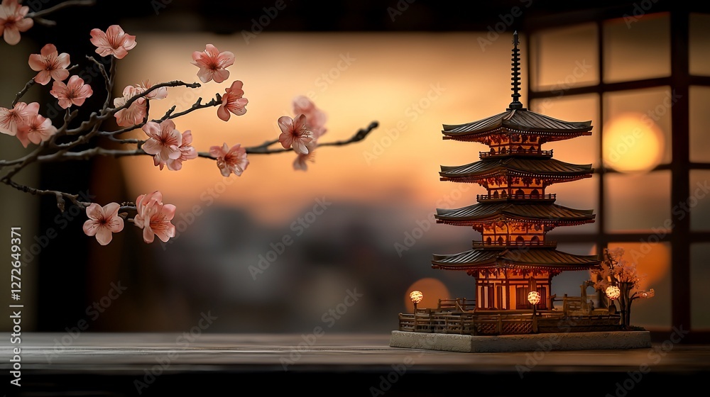Obraz premium Illuminated pagoda model with cherry blossoms at sunset.