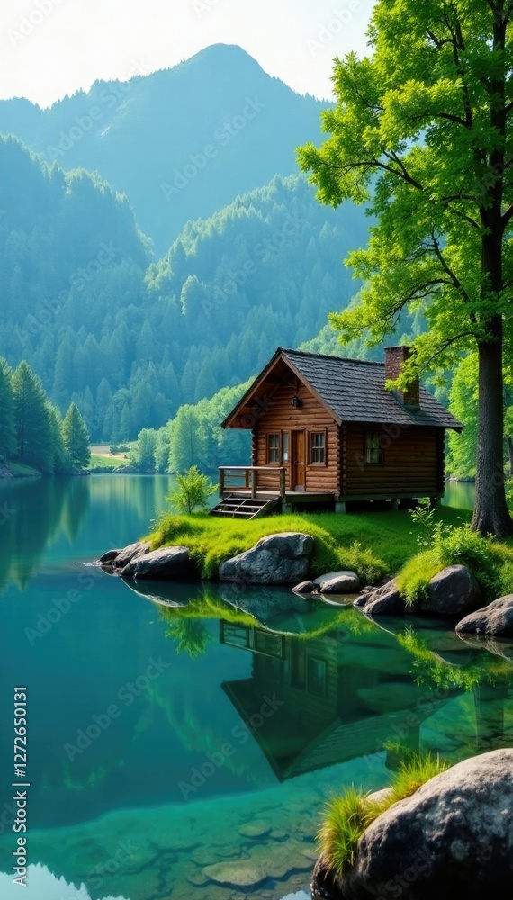 A wooden cabin nestled among lush greenery by a serene lake, trees, scenery, peaceful A wooden cabin nestled among lush greenery by a serene lake, trees, scenery, peaceful