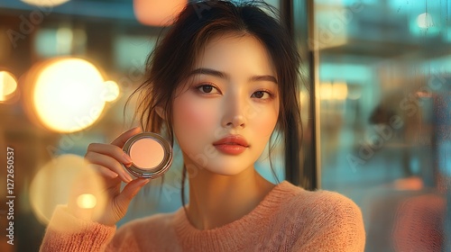 A stylish Asian model in a sleek city café, holding a compact powder while touching up her makeup, soft golden-hour light reflecting off the glass windows, modern and urban aesthetic,