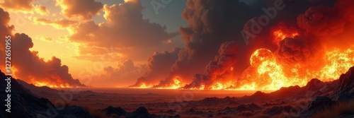Blazing rockets detonate amidst burning landscapes, wreckage, missiles