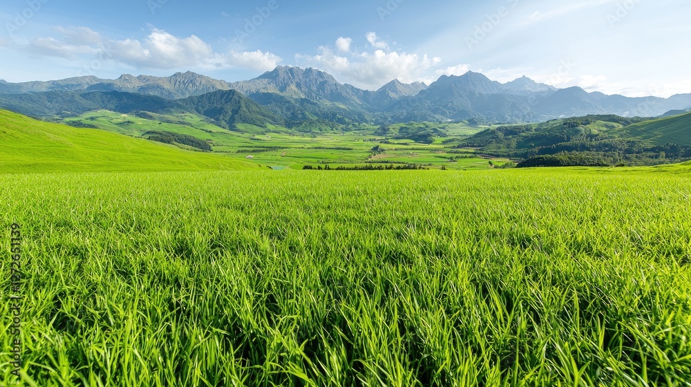 Fototapeta premium Lush green field, mountain vista, sunny day, pastoral landscape, travel poster