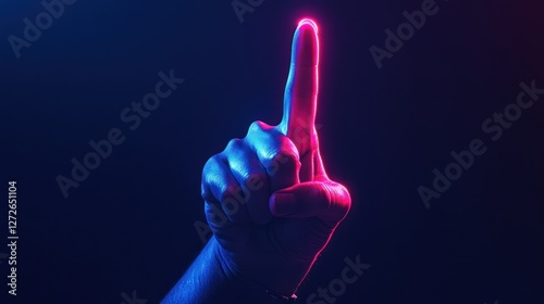Amazing Red blue neon light female hand showing middle finger obscene sign 