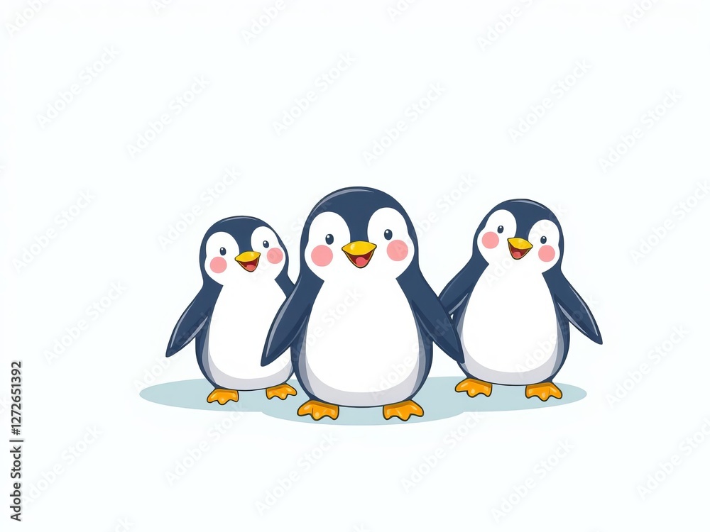 Naklejka premium Collection of cute and colorful cartoon penguins with different accessories and poses, happy, illustration, vector