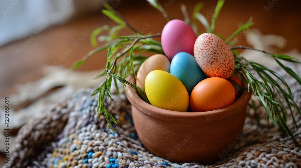 A Vibrant Collection of Eggs Nestled with Willow in a Rustic Clay Pot A Vibrant Collection of Eggs Nestled with Willow in a Rustic Clay Pot