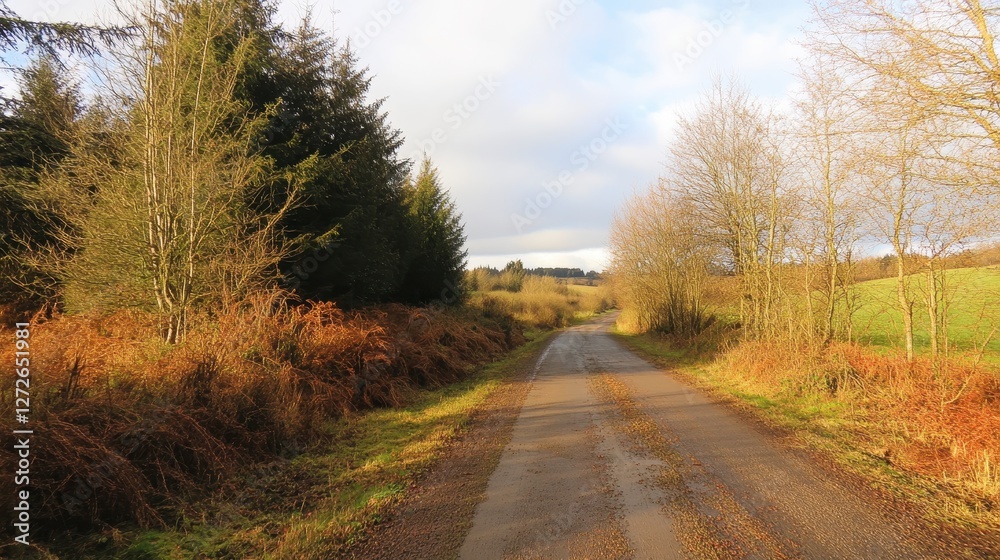 Fototapeta premium A tranquil rural road lined with trees and shrubs under a blue sky, inviting exploration into the serene countryside.