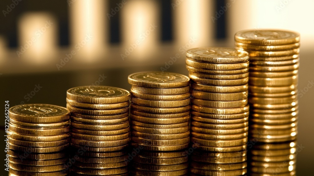 stack of golden coins neatly arranged on a reflective surface, with a growing bar chart in the blurred background. The image symbolizes financial success, investment growth, and economic stability. stack of golden coins neatly arranged on a reflective surface, with a growing bar chart in the blurred background. The image symbolizes financial success, investment growth, and economic stability.