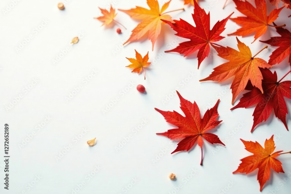 Fototapeta premium Burnt orange leaves fall gently on pristine white surface, red sugar maple, foliage