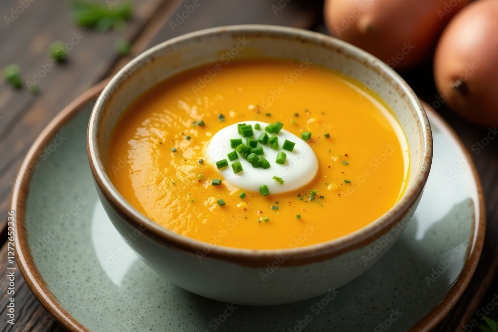 Butternut squash and sweet potato soup topped with a dollop of cr?me fra?che and a sprinkle of chopped fresh chives, sweet, potato Butternut squash and sweet potato soup topped with a dollop of cr?me fra?che and a sprinkle of chopped fresh chives, sweet, potato