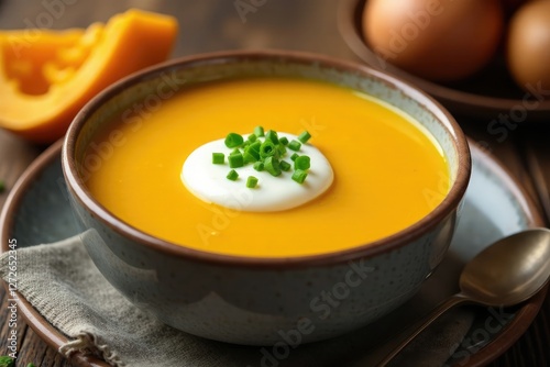Butternut squash and sweet potato soup topped with a dollop of cr?me fra?che and a sprinkle of chopped fresh chives, topped, topping