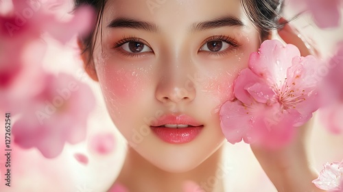 An artistic beauty portrait of an Asian woman with dewy skin, softly pressing an organic skincare product into her cheeks, delicate flower petals resting on her skin, natural and fresh aesthetic,