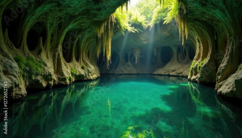 Fototapeta Naklejka Na Ścianę i Meble -  Cenote cavern walls enveloped in lush greenery, foliage, green, cenote