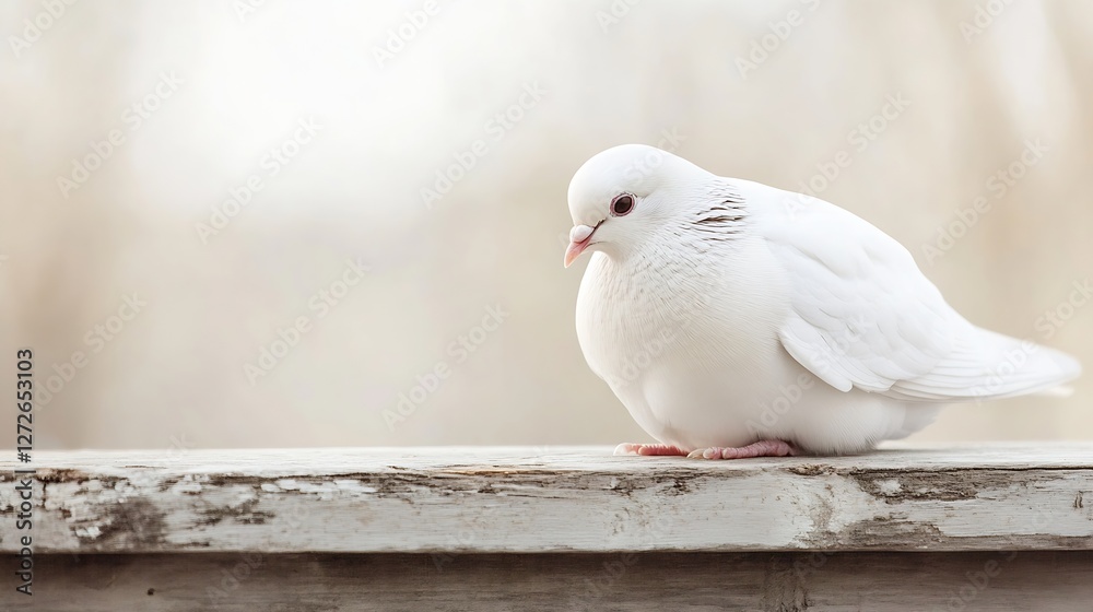 Obraz premium Soft and gentle white dove perched on a wooden surface with a calm and serene background : Generative AI