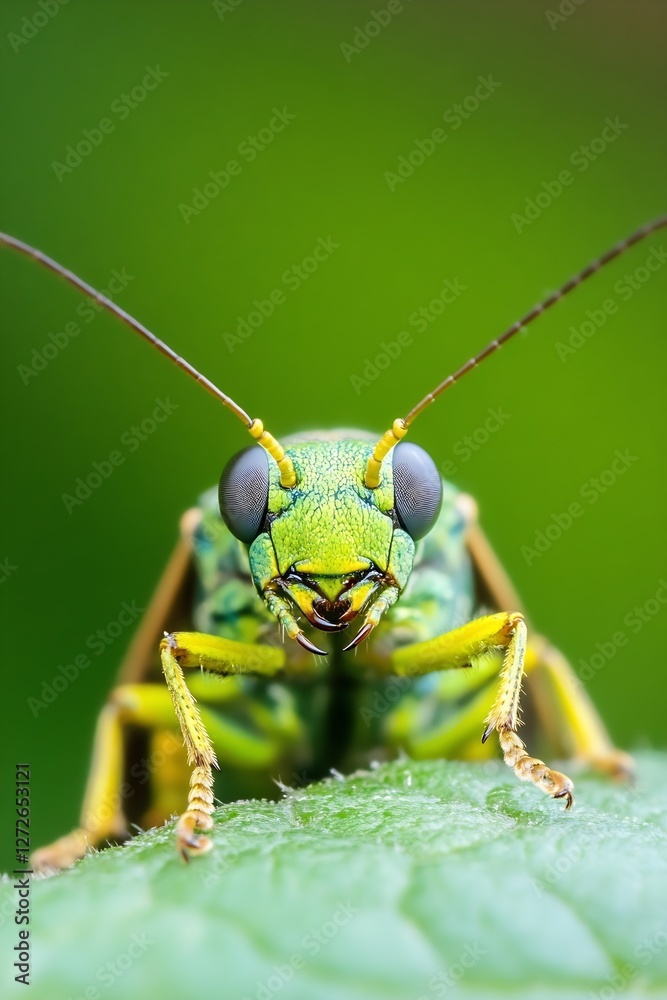 Close Up of a Green Grasshopper on Leaf Representing Insect Life in Nature : Generative AI Close Up of a Green Grasshopper on Leaf Representing Insect Life in Nature : Generative AI