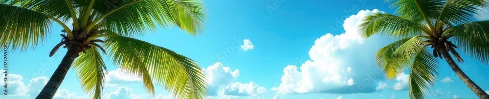 Coconut tree leaves rustle softly in the breeze as fluffy white clouds drift across the bright blue sky, branches, peaceful ambiance, Coconut tree leaves rustle softly in the breeze as fluffy white clouds drift across the bright blue sky, branches, peaceful ambiance,