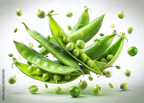 Surreal Floating Snap Peas on White Background - Vibrant Green Vegetable Photography