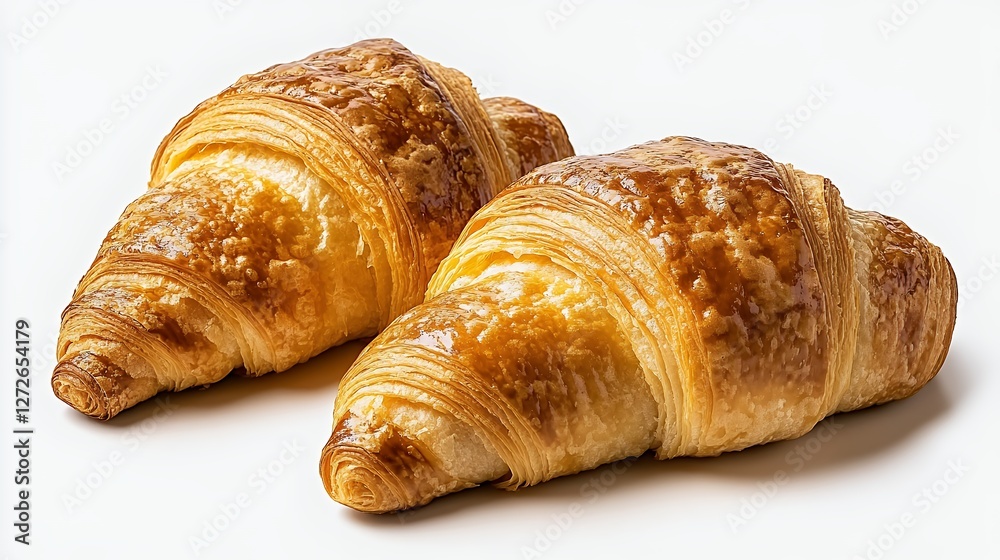 Two Golden Brown Croissants on White Background Two Golden Brown Croissants on White Background