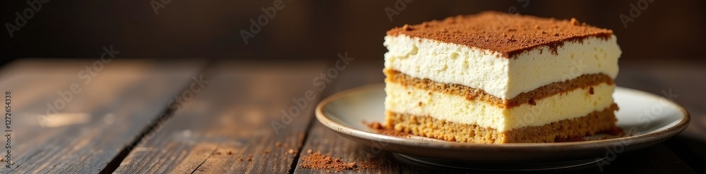 Creamy tiramisu layered dessert on dark wooden table, wood, brown Creamy tiramisu layered dessert on dark wooden table, wood, brown