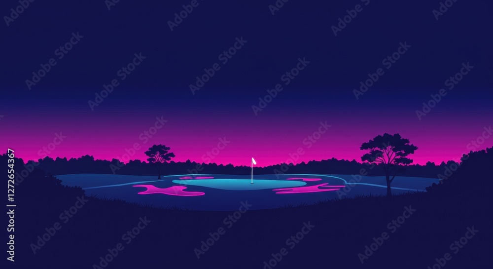 Naklejka premium Serene twilight golf course scene with a flag on the green, surrounded by trees and a colorful sky