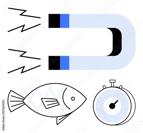 Magnet emitting lines, fish with simple linear detail, stopwatch indicating passage of time. Ideal for energy concepts, time management, nature, attraction, minimalism, ecology abstract line flat