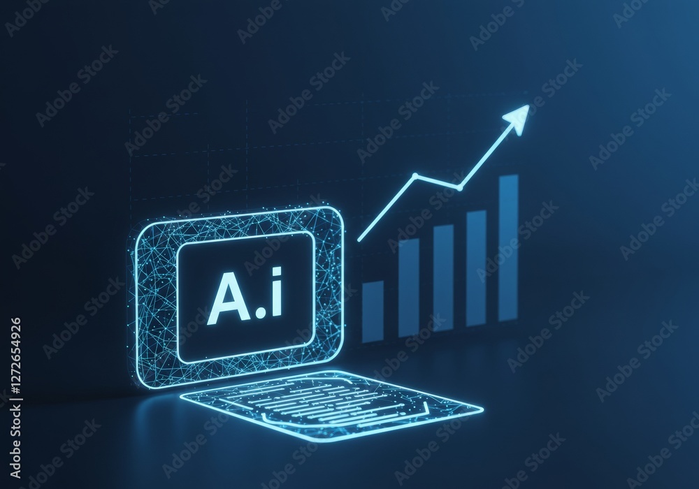 A minimal wireframe of an AI assistant generating text while an upward graph subtly forms in the background