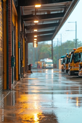 A firefighter station with closed doors and locked trucks. Funding cuts leave the town with fewer emergency responders, Generative AI  photo