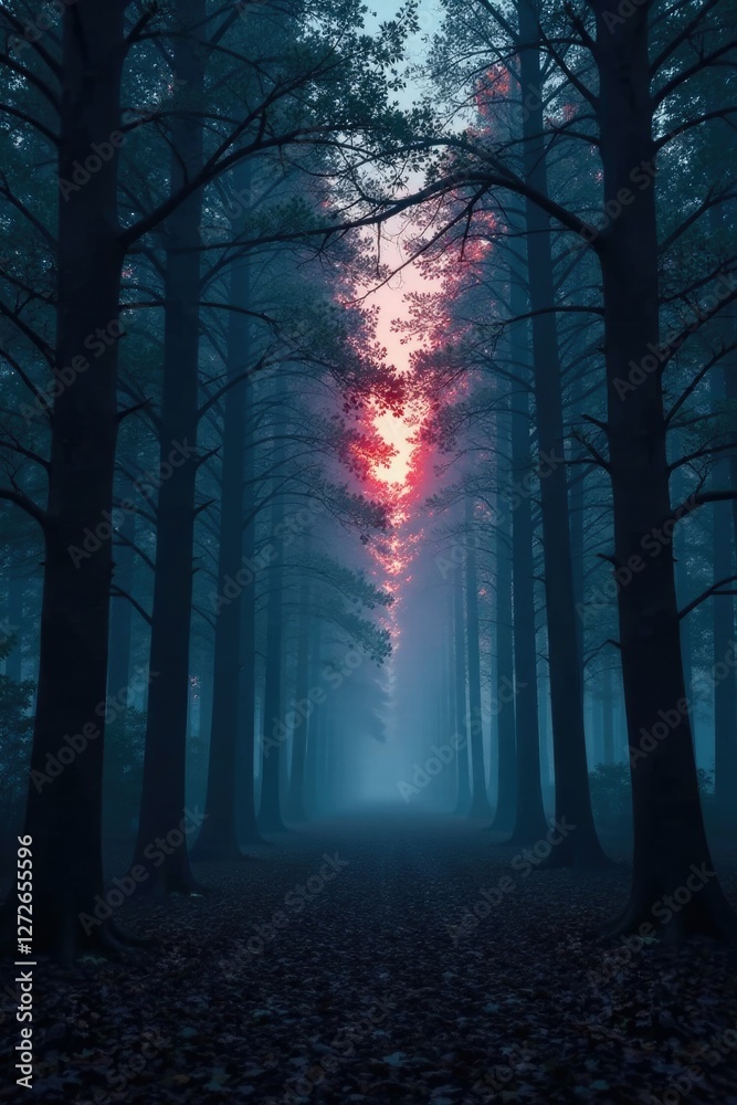 Fototapeta premium Dark forest at dusk with trees fading into darkness, mysterious, tree