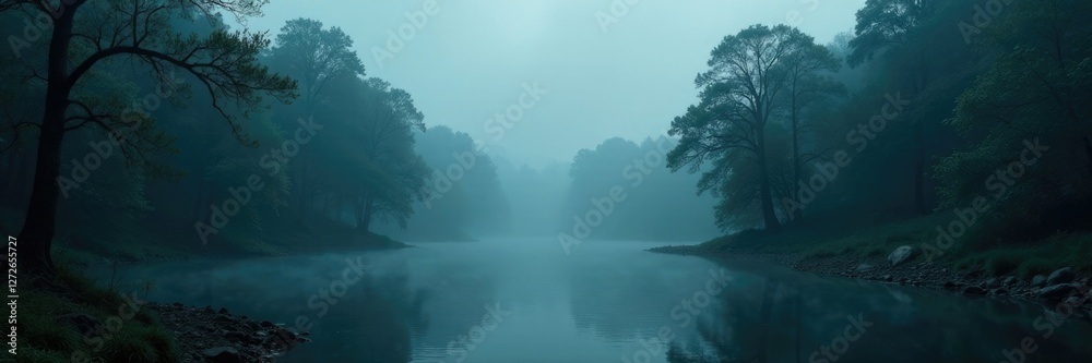 Fototapeta premium Dark forest with foggy atmosphere and misty river bank, water, mist