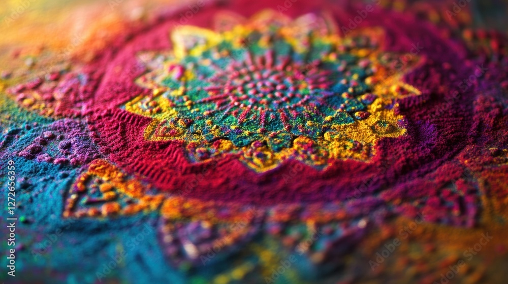 Obraz premium intricate design made from Holi powder on a flat surface, featuring a colorful mandala pattern in bright shades of red, blue, green, and yellow.