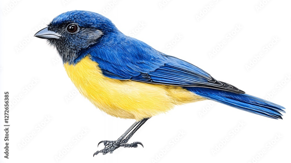 Vibrant Blue And Yellow Bird Illustration Against White Background Vibrant Blue And Yellow Bird Illustration Against White Background